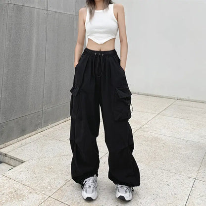 2025 Women Casual Joggers Tech Pants Solid Low Waist Pants Drawstring Wide Leg Baggy Trousers Y2k Streetwear Oversize Sweatpants