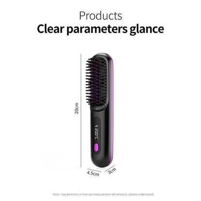 Convenient Mini Cordless Hair Straightener Brush with 3 Setting LED Temperature Display Electric Negative Ions Ceramic Hot Comb