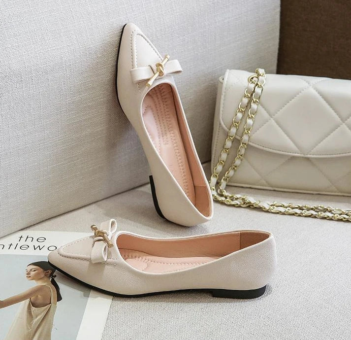 Women's Flat Shoes Beige Pointed Toe with Bow Office Ladies Footwear 2025 New Offers Walking Y2k Fashion Designer Luxury Trends