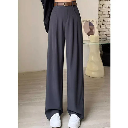 Korean Style Women Classic Suit Pants Office Lady Fashion High Waist Loose Straight Wide Leg Trousers Female Slacks Gray Pants