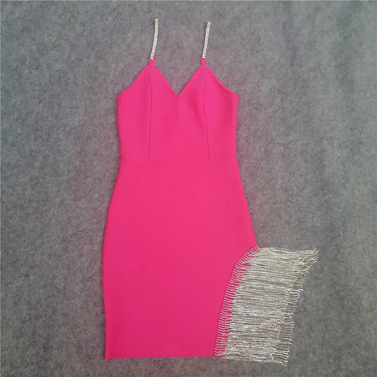 2023 Autumn Sexy V-Neck Tank Side Slit Fringed Diamond Slims Your Smooth Silhouette Drawstring Dress Name Concentrates Gown