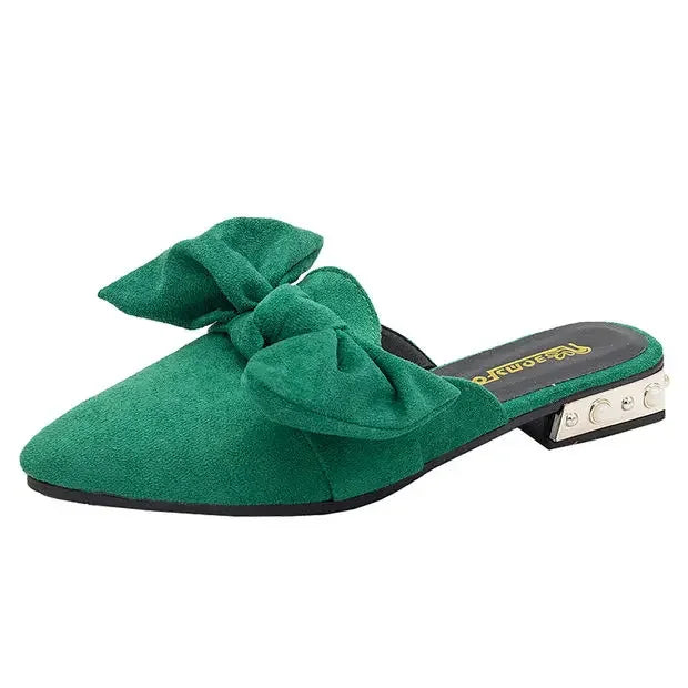 Slides With Bow Shoes for Women Low Heel Woman Slippers Original 39 Non Slip Sandals Summer Footwear 2025 Trend Easy Wears Shoe