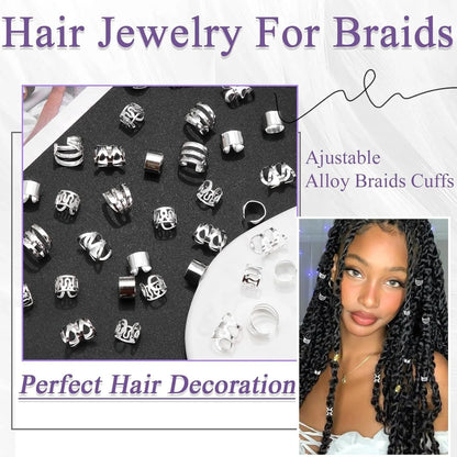 40PCS Hair Jewelry for Braids Gold Hair Cuffs Multi Style Rings Adjustable Hair Beads for Braid Loc Dreadlock Accessories