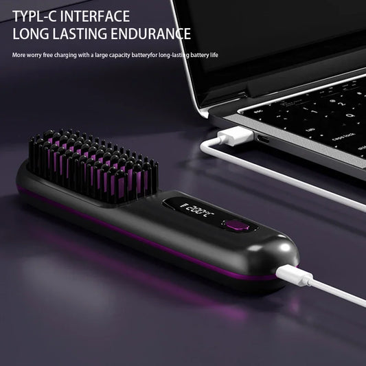 Convenient Mini Cordless Hair Straightener Brush with 3 Setting LED Temperature Display Electric Negative Ions Ceramic Hot Comb