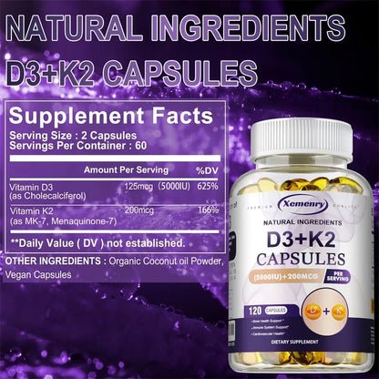 Vitamin D3+K2 Capsules - Supports Heart, Bone and Immune Health, Promotes Blood Circulation and Improves Sleep Quality