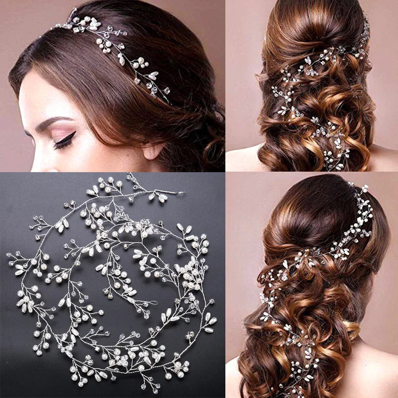 35/50cm Long Bridal Handmade Crystal Pearl Hair Band Headdress Wedding Hair Accessories Beads Headband Jewelry Fashion Headdress