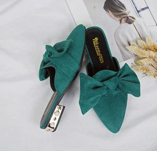 Slides With Bow Shoes for Women Low Heel Woman Slippers Original 39 Non Slip Sandals Summer Footwear 2025 Trend Easy Wears Shoe