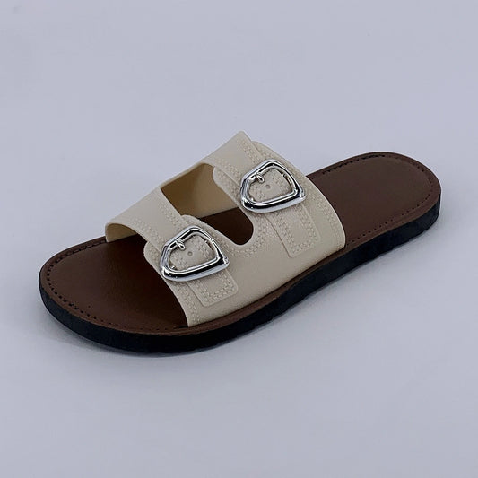 2025 New Slippers for Women Summer Outerwear Fashionable French Flat Soft Sole Anti-Slip Beach Belt Buckle Sandals
