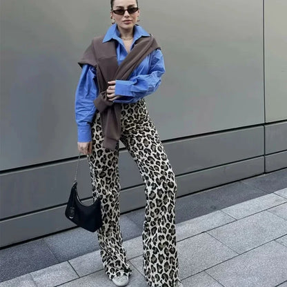 TRAF Women's Trousers Leopard Print Pants For Women Vintage High Waist Baggy Wide Pants Woman Streetwear Straight Long Pants