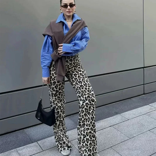 TRAF Women's Trousers Leopard Print Pants For Women Vintage High Waist Baggy Wide Pants Woman Streetwear Straight Long Pants