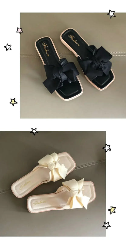 Bow slippers female summer wear new fashionable sweet girl flat bottom non-slip fairy wind word cool slippers female