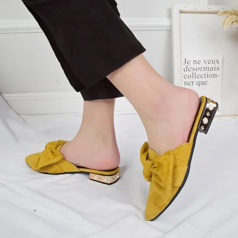 Slides With Bow Shoes for Women Low Heel Woman Slippers Original 39 Non Slip Sandals Summer Footwear 2025 Trend Easy Wears Shoe