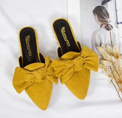 Slides With Bow Shoes for Women Low Heel Woman Slippers Original 39 Non Slip Sandals Summer Footwear 2025 Trend Easy Wears Shoe