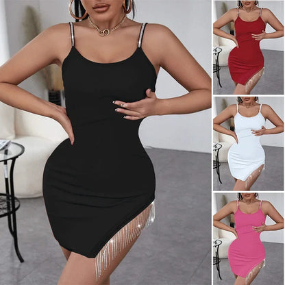 Casual Women's Mini Skirt Diamond Trim Dress Pure Color Beaded Halter Bodycon Short Skirt Sexy Nightclub Style Mini Dress