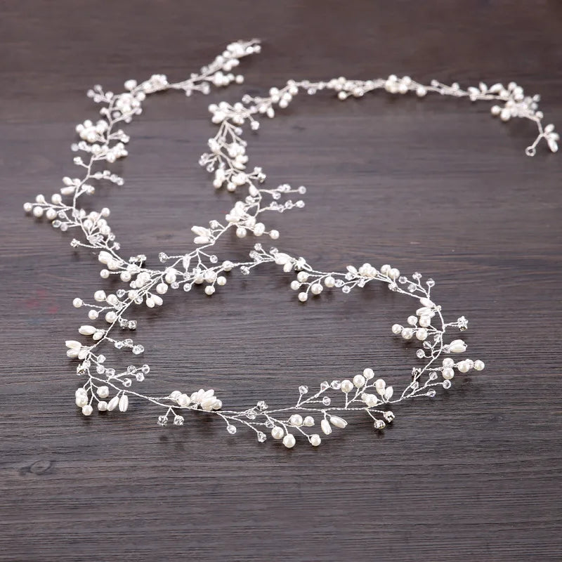 35/50cm Long Bridal Handmade Crystal Pearl Hair Band Headdress Wedding Hair Accessories Beads Headband Jewelry Fashion Headdress