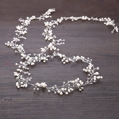 35/50cm Long Bridal Handmade Crystal Pearl Hair Band Headdress Wedding Hair Accessories Beads Headband Jewelry Fashion Headdress