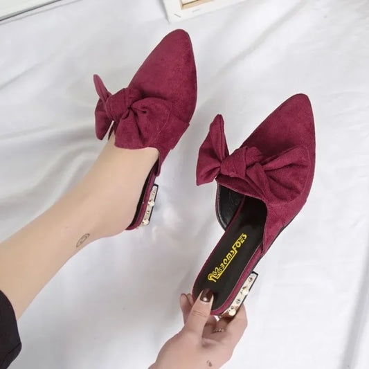 Slides With Bow Shoes for Women Low Heel Woman Slippers Original 39 Non Slip Sandals Summer Footwear 2025 Trend Easy Wears Shoe