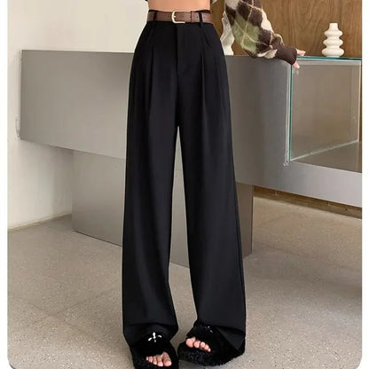 Korean Style Women Classic Suit Pants Office Lady Fashion High Waist Loose Straight Wide Leg Trousers Female Slacks Gray Pants