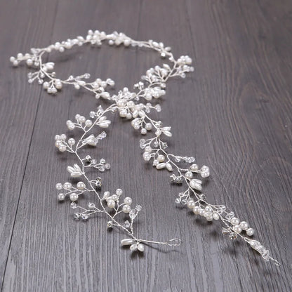 35/50cm Long Bridal Handmade Crystal Pearl Hair Band Headdress Wedding Hair Accessories Beads Headband Jewelry Fashion Headdress