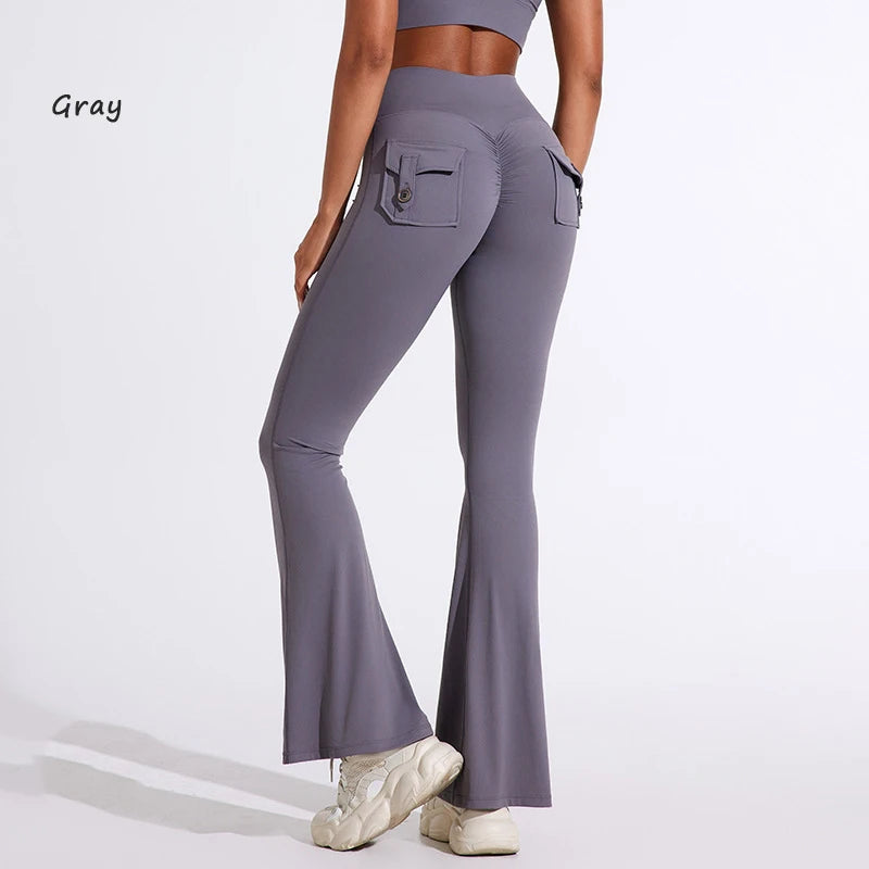 DIAS FIT JOY Women's pocket bell bottoms yoga high waisted hip lifting fitness pants quick drying running exercise fitness gym