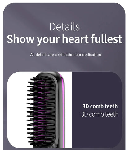 Convenient Mini Cordless Hair Straightener Brush with 3 Setting LED Temperature Display Electric Negative Ions Ceramic Hot Comb
