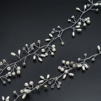 35/50cm Long Bridal Handmade Crystal Pearl Hair Band Headdress Wedding Hair Accessories Beads Headband Jewelry Fashion Headdress