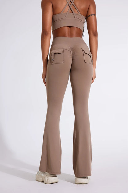 DIAS FIT JOY Women's pocket bell bottoms yoga high waisted hip lifting fitness pants quick drying running exercise fitness gym