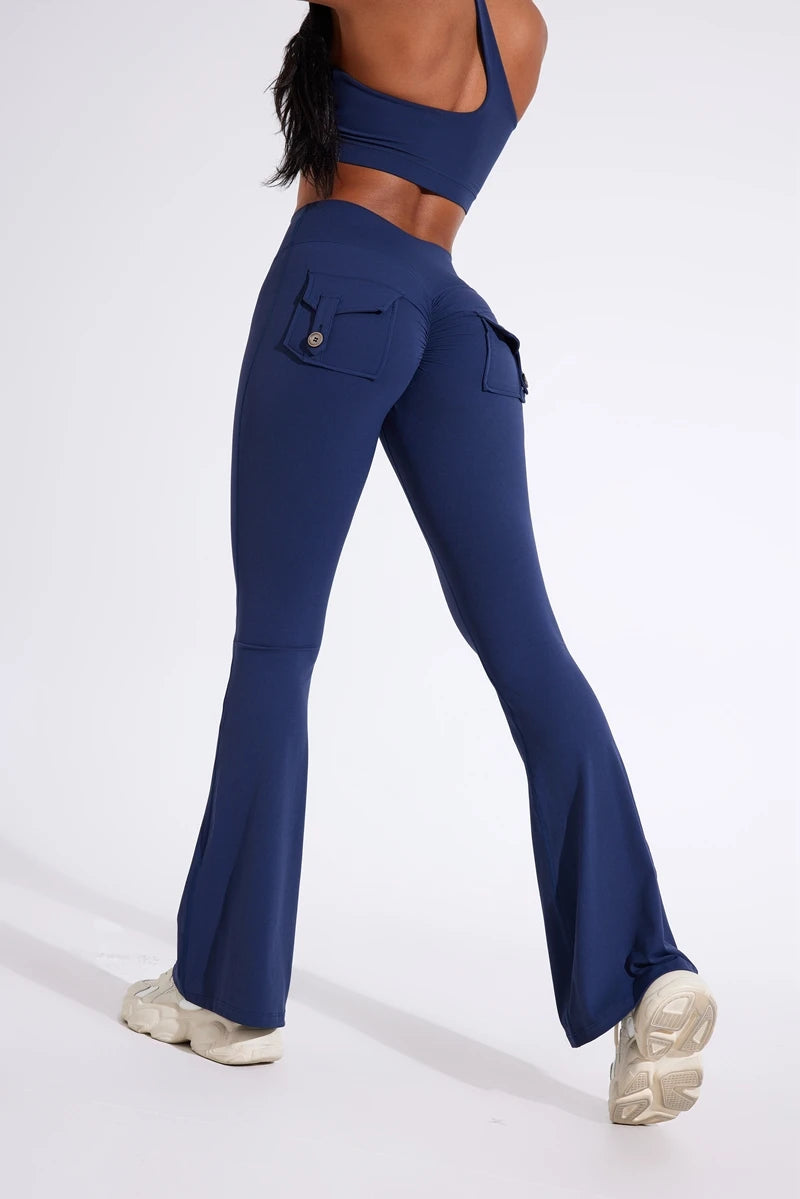 DIAS FIT JOY Women's pocket bell bottoms yoga high waisted hip lifting fitness pants quick drying running exercise fitness gym