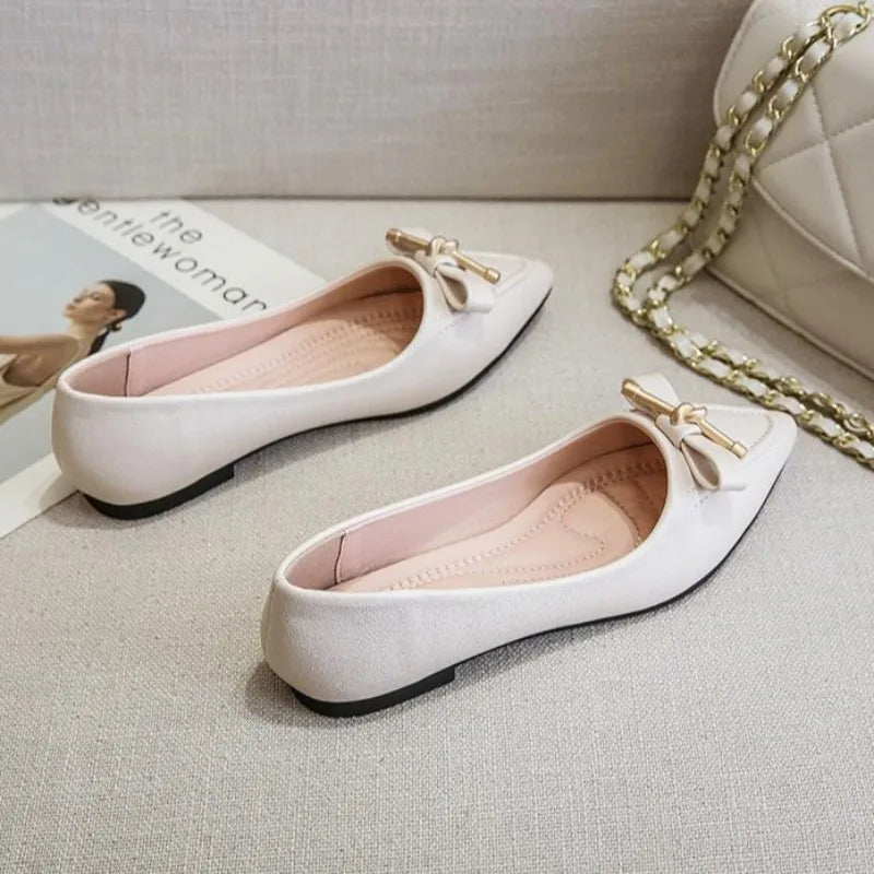 Women's Flat Shoes Beige Pointed Toe with Bow Office Ladies Footwear 2025 New Offers Walking Y2k Fashion Designer Luxury Trends