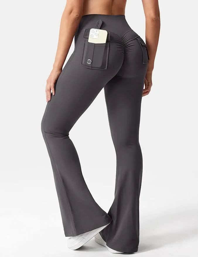 New women's casual flared yoga pants, training flared pants, high waisted work clothes, belt pocket sportswear