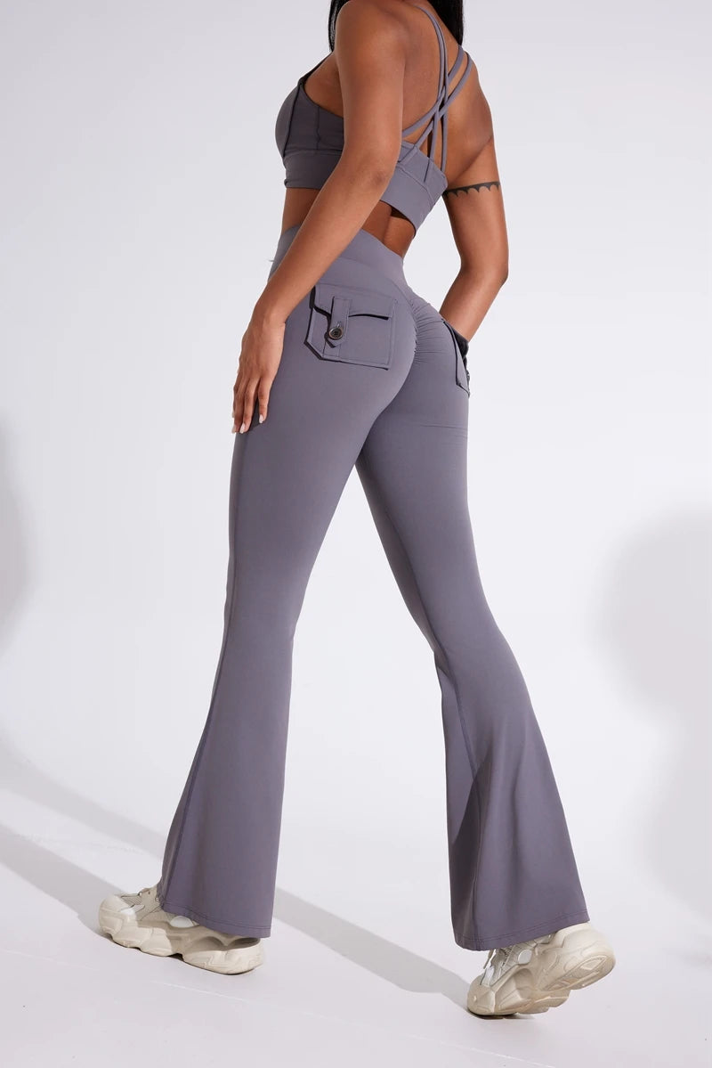 DIAS FIT JOY Women's pocket bell bottoms yoga high waisted hip lifting fitness pants quick drying running exercise fitness gym