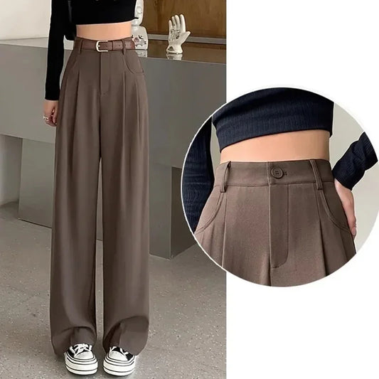 Korean Style Women Classic Suit Pants Office Lady Fashion High Waist Loose Straight Wide Leg Trousers Female Slacks Gray Pants