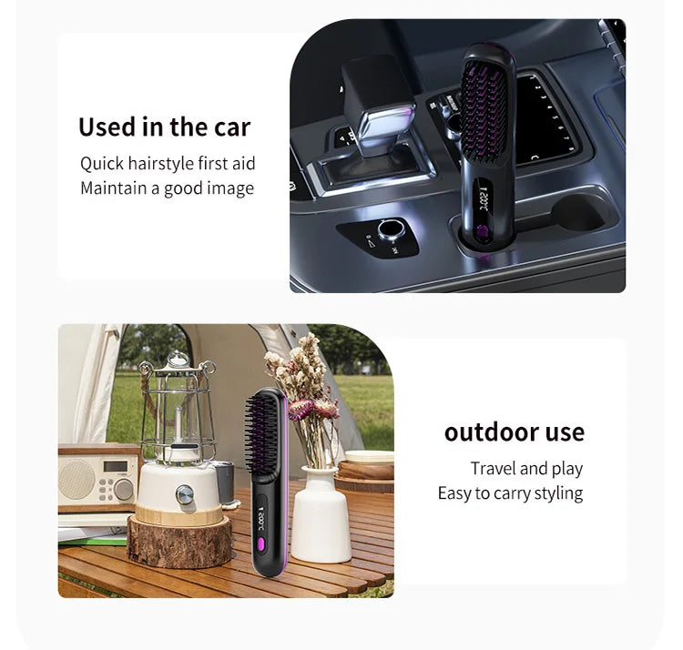 Convenient Mini Cordless Hair Straightener Brush with 3 Setting LED Temperature Display Electric Negative Ions Ceramic Hot Comb