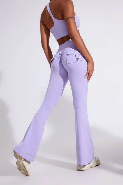 DIAS FIT JOY Women's pocket bell bottoms yoga high waisted hip lifting fitness pants quick drying running exercise fitness gym