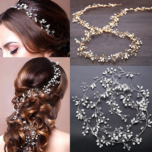35/50cm Long Bridal Handmade Crystal Pearl Hair Band Headdress Wedding Hair Accessories Beads Headband Jewelry Fashion Headdress