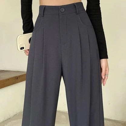 Korean Style Women Classic Suit Pants Office Lady Fashion High Waist Loose Straight Wide Leg Trousers Female Slacks Gray Pants