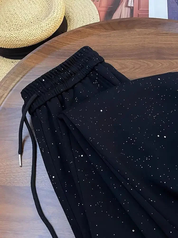 Shiny Star Ice Silk Wide Leg Pants Women Summer New High Waist Straight Casual Sports Long Trousers Children