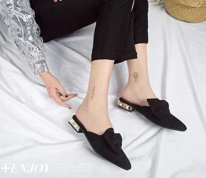 Slides With Bow Shoes for Women Low Heel Woman Slippers Original 39 Non Slip Sandals Summer Footwear 2025 Trend Easy Wears Shoe