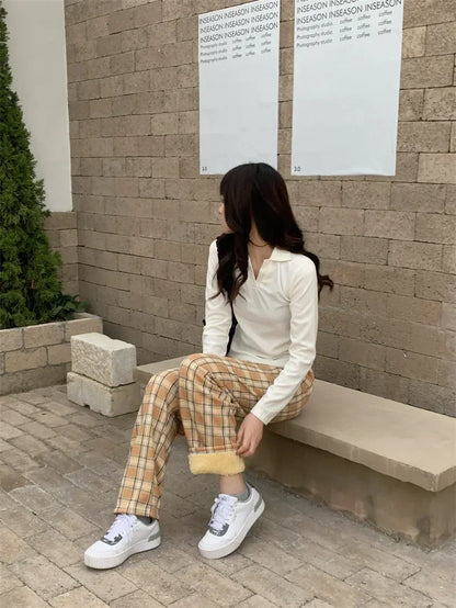 Fashion Warm Plush Pants Cashmere Thick Plaid Ladies Winter Casual Loose Wide-legged Pants Korean Streetwear Students