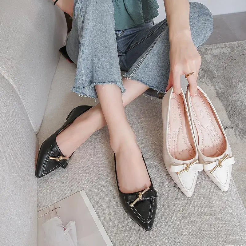 Women's Flat Shoes Beige Pointed Toe with Bow Office Ladies Footwear 2025 New Offers Walking Y2k Fashion Designer Luxury Trends