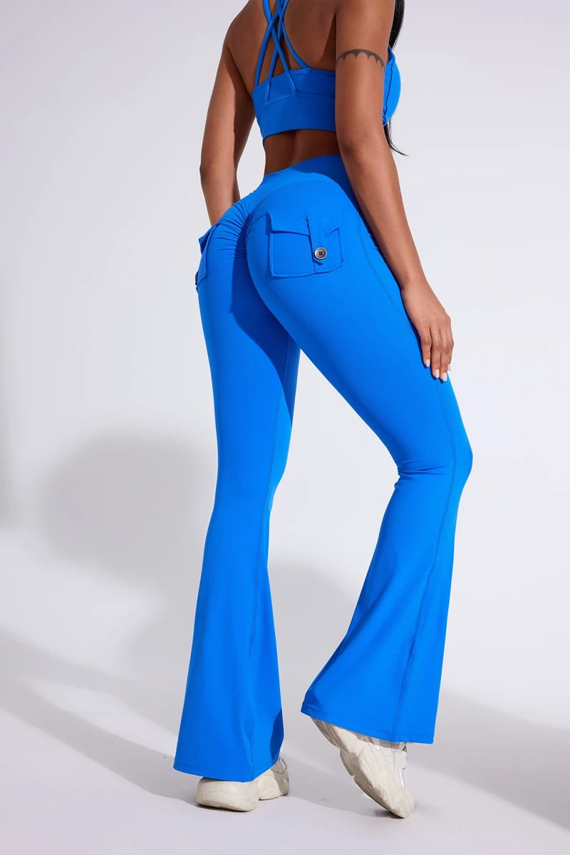 DIAS FIT JOY Women's pocket bell bottoms yoga high waisted hip lifting fitness pants quick drying running exercise fitness gym