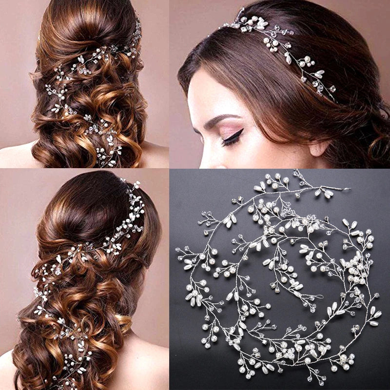35/50cm Long Bridal Handmade Crystal Pearl Hair Band Headdress Wedding Hair Accessories Beads Headband Jewelry Fashion Headdress