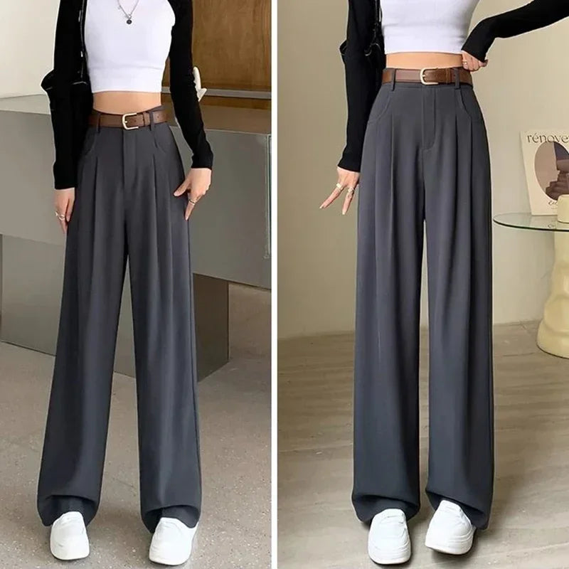 Korean Style Women Classic Suit Pants Office Lady Fashion High Waist Loose Straight Wide Leg Trousers Female Slacks Gray Pants