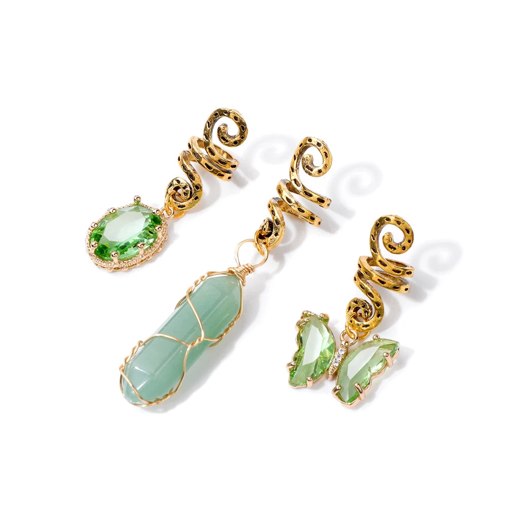 Green Crystal Aventurines Butterfly Hexagonal Prism Round Shape Hair Clip 3pcs/Set Headwear Women Healing Reiki Hair Accessories