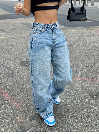 Full Length Women Jeans Solid Distressed Denim Straight Pants Pockets Loose Casual Mid Waist Basics Zipper Fly Flat Washing