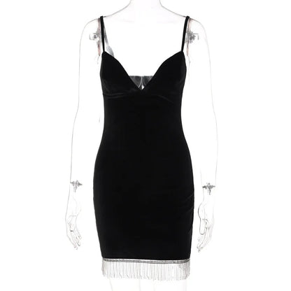 Summer Women's Backless Dinner Feeling Low Cut V-neck Velvet Tassel Suspended Dress With Waist Wrap To Show Thin Dress