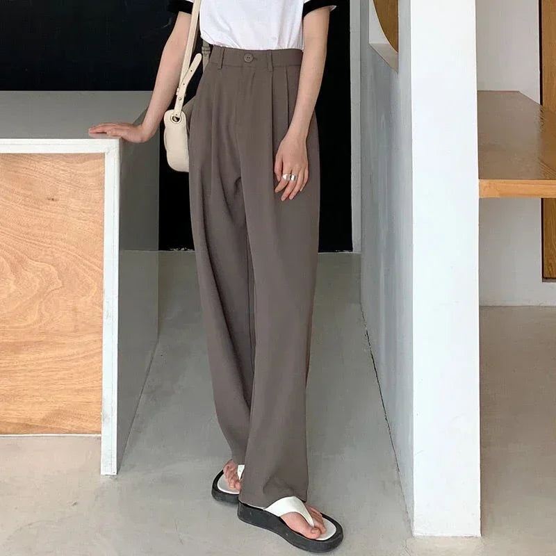 Women Solid High Waist Suit Pants Fall Straight  Fashion Trousers Casual Button Loose Office Ladies Korean Female Pant New