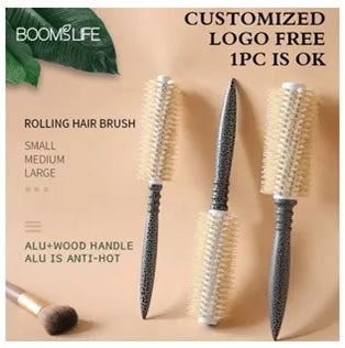 Personalized Name Boar Bristle Roller Hair Brush Cork handle Women Round Rolling Brush Barrel Curling Straight Twill Hair Comb