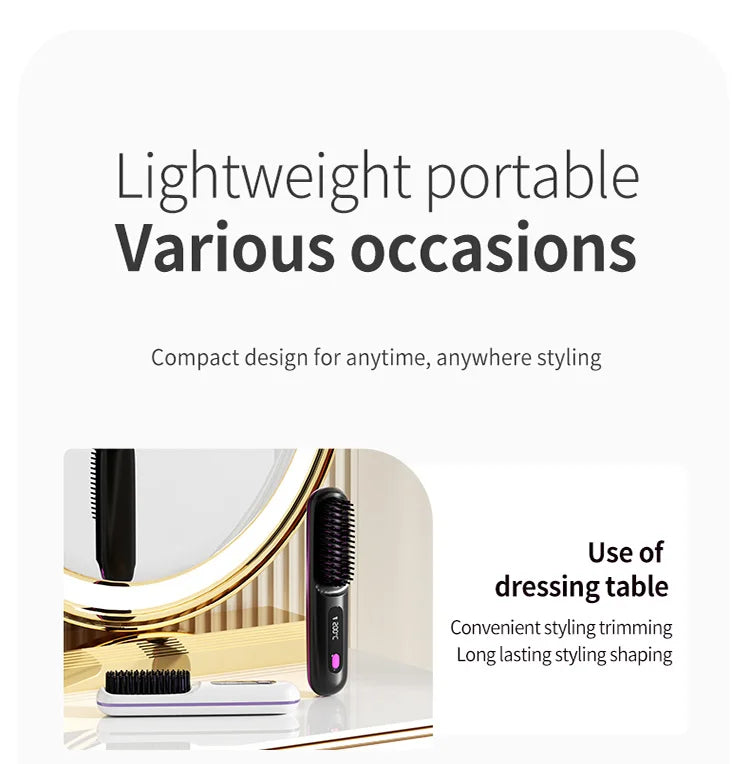 Convenient Mini Cordless Hair Straightener Brush with 3 Setting LED Temperature Display Electric Negative Ions Ceramic Hot Comb