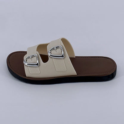 2025 New Slippers for Women Summer Outerwear Fashionable French Flat Soft Sole Anti-Slip Beach Belt Buckle Sandals